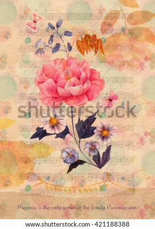 Vintage style greeting card with hand painted watercolor bouquet of peony, daisies, and violets, cutout butterflies, camellia silhouettes on aged sheet music, with text about the flower on torn paper