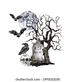 Vintage style hand drawn watercolor Halloween illustration  Dark scary graveyard and dead tree  spooky skull  raven   flying bats  Full moon dark night  Template for holiday invitations