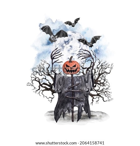 Vintage style hand drawn watercolor Halloween illustration. Dark scary and spooky scarecrow with dead tree, night sky,  flying bats and full moon, isolated on white background.