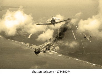 'Vintage Style' Image Of A World War 2 US Fighter Plane Shooting Down Japanese Torpedo Bomber Over Saipan. (Artists Impression)