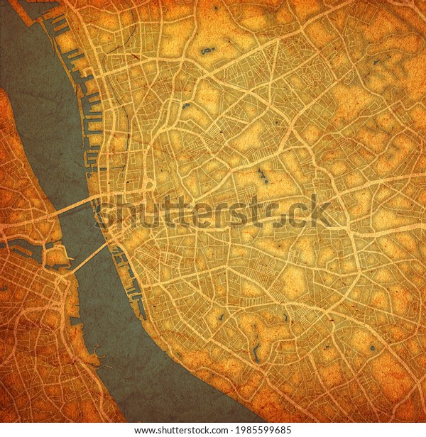 vintage style map of roads in city center of\
Liverpool in\
England