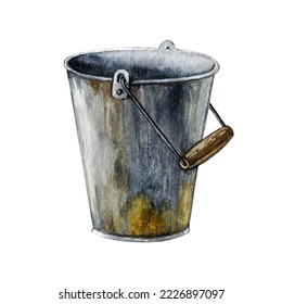 Vintage Style Metal Bucket Watercolor Illustration. Hand Drawn Old Pail Element. Metal Bucket Household And Farm Equipment. Isolated On White Background