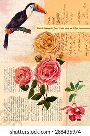 Vintage Style Postcard Design Or Background Template With An Old Newspaper Clipping, Handwritten Text In Spanish, A French Quote, A Victorian Rose, A Toucan, A Fuchsia, Watercolour And Collage