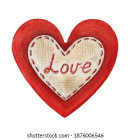 Vintage style red heart and stitched sign  Hand drawn retro style decorative element watercolor illustration  Red romantic heart and stitches for Valentine day   weddings white background