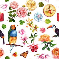 Vintage Style Seamless Background Pattern With Watercolor Drawings Of Birds (a Finch And A Toucan), Roses, A Fuchsia, Other Flowers, Vine Leaves, A Retro Clock, A Candle, A Butterfly, On White