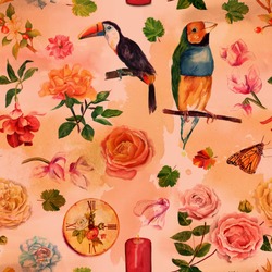 Vintage Style Seamless Background Pattern With Watercolor Drawings Of Birds (a Finch And A Toucan), Roses, A Fuchsia, Other Flowers, Vine Leaves, A Retro Clock, A Candle, A Butterfly, Toned