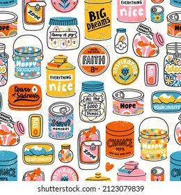 Vintage style seamless pattern illustration with lots of jars and cans, filled with various life aspects and emotions, happy and sad