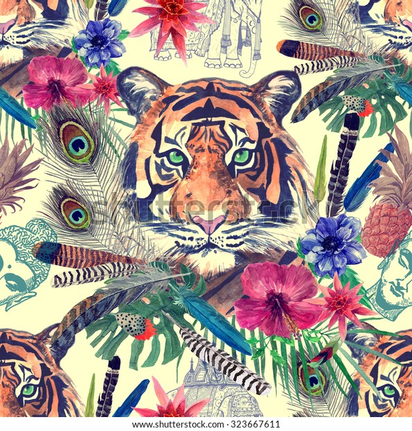 インドの虎 エキゾチックな花 葉 羽 パイナップル ブッダヘッドとインドゾウのスケッチを使ったビンテージスタイルのシームレスな柄 手描きのイラスト の イラスト素材