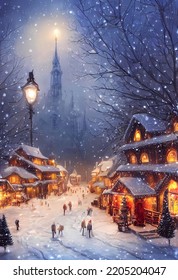 Vintage style snowy Christmas village scene street with street lamps 3d illustration
