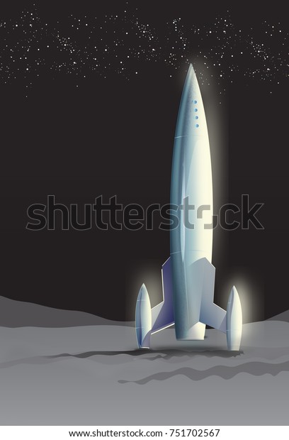 A vintage style space exploration rocket sitting
on the lunar surface.