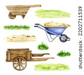 Vintage style wooden and metal barrow set. Barrow and wheel cart watercolor illustration set. Hand drawn farm and garden equipment tools, grass and ground background element collection.