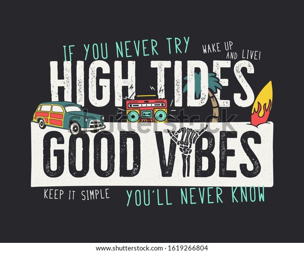 VIntage summer\
adventure print design for t shirt, poster. High tides, good vibes\
typography slogan. Surf car, retro tape and surfboard elements.\
Retro stock\
illustration