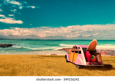 Vintage Sunny Day And Holidays Car In Formentera Beach, Spain