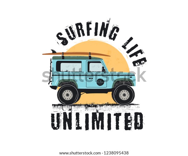 Vintage Surf Emblem with retro woodie car.\
Surfing Life Unlimited typography. Included surfboards, road and\
sun symbols. Good for T-Shirt, mugs. Stock isolated on white\
background.