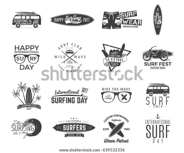 Vintage Surfing Graphics and Emblems set for\
web design or print. Surfer, beach style logo design. Surf Badge.\
Surfboard seal, elements, symbols. Summer boarding on waves.\
hipster\
insignias.