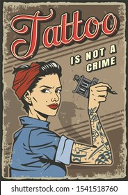 Vintage tattoo studio colorful poster with pin up attractive tattooist woman holding tattoo machine illustration