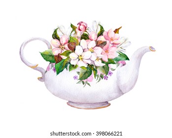 Vintage Tea Pot With Apple, Cherry Flowers. Watercolor 