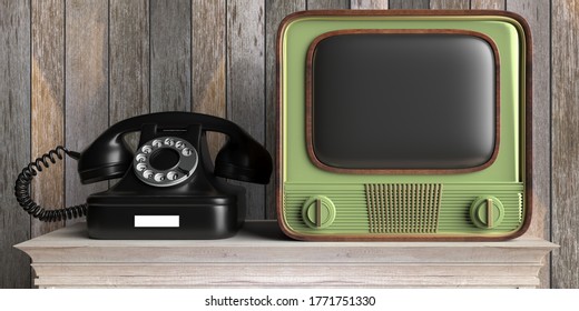 Vintage Telephone And TV. Retro Old Fashioned Phone And Television On Wooden Table, Wood Wall Background. 3d Illustration