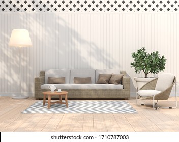 Vintage terrace 3d render,There are light wooden floors, empty white plank walls decorating living area with rattan furniture.