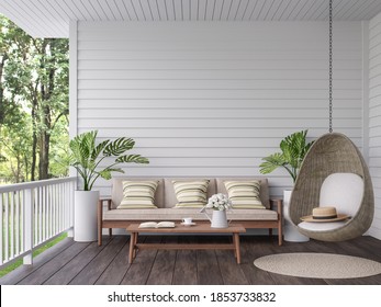 Винтажная терраса с видом на природу 3d render, есть старый деревянный пол и белая дощатая стена, украшенная деревянной, тканевой и ротанговой мебелью, с видом на зеленый сад