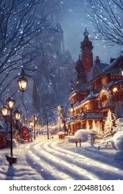 Vintage Themed European Christmas Village In The Snow Victorian Style 3d Illustration