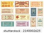 Vintage tickets, retro movie, concert, theater ticket. Old paper voucher card, sports event entrance pass, circus admit one coupon  set. Different performance and championship