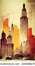 Vintage Tourist Poster On New York City, Its Skyline Of Skyscrapers, To Promote The City To Tourists