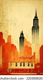 Vintage Tourist Poster On New York City, Its Skyline Of Skyscrapers, To Promote The City To Tourists