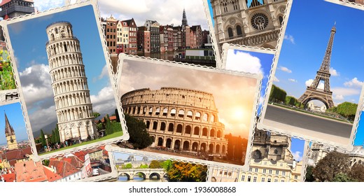 Vintage Travel Background With Retro Photos Of European Landmarks. Horizontal Banner With Old Photos Of Eiffel Tower In Paris, Leaning Tower Of Pisa, Colosseum In Rome. 3d Render