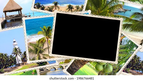 Vintage Travel Background With Retro Photos And Blank Photoframe. Horizontal Banner With Retro Photos Of Palm, Sand Beach, Ocean Waves, Lighthouse. Mock Up Template. Copy Space For Text. 3d Render