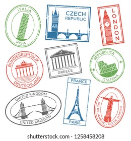 Vintage Travel Stamps For Postcards With Europe Countries Architecture Attractions Country Culture Trip Tours Sticker. Post Stamp Stickers For Travels Postcard Colorful  Isolated Icon Set