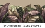 Vintage tropical green brown leaves, beige background, golden texture. Luxury mural, premium wallpaper. 3d painting illustration, watercolor design. Seamless border. Stylish cloth, paper, packaging 