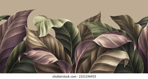 Vintage tropical green brown leaves, beige background, golden texture. Luxury mural, premium wallpaper. 3d painting illustration, watercolor design. Seamless border. Stylish cloth, paper, packaging 