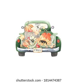 Vintage truck filled autumn harvest of wicker basket with pumpkins, sunflower, apples and colorful leaves. Watercolor illustration green retro car, holiday card for Thanksgiving day, kitchen poster.