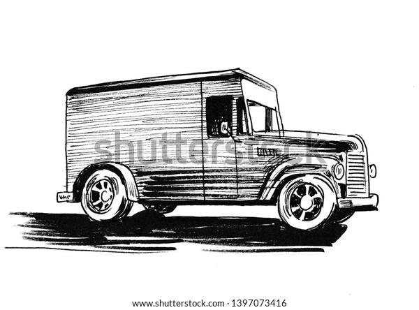 Vintage truck.\
Ink black and white\
illustration