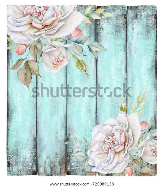 白いバラの花束のあるビンテージ青緑色の木の背景 のイラスト素材