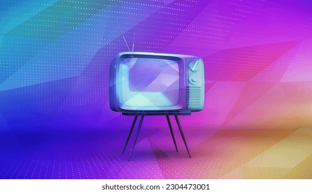 Vintage TV set, in a colorful modern aesthetic background. A television show concept 3D illustration, with pixels and geometric graphic elements. - Powered by Shutterstock