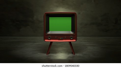 Vintage TV Television Green Screen, old television vintage style, 3D Rendering.