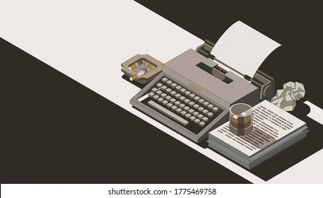 Vintage Typewriter, Drink And Cigarettes In The Spotlight: Noir And Spy Stories Concept, 3D Illustration