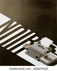 Vintage Typewriter, Drink And Cigarettes In The Spotlight: Noir And Spy Stories Concept, 3D Illustration