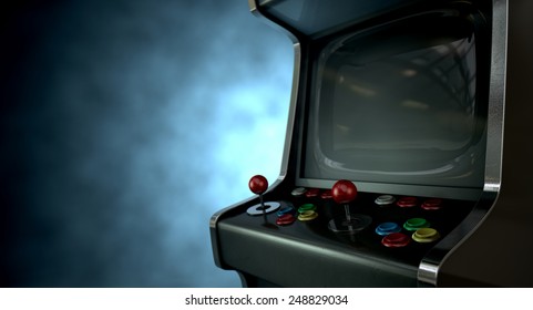 A Vintage Unbranded Arcade Game With A Joysticks And Buttons And A Blank Screen On A Dark Ominous Background With Copy Space