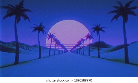 Vintage VHS noise and glitch effects. Retro futuristic wallpaper. Sunset sun above horizon. Palm tree alley. Mountains and hills above the road. Retro wave, synthwave 80s, 90s 3D Render illustration
