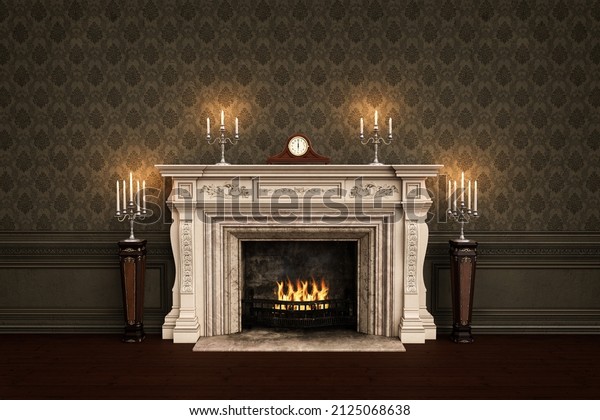 Vintage Victorian fireplace with carriage\
clock and candles on the mantlepiece and fire buring in the grate.\
3D rendering.