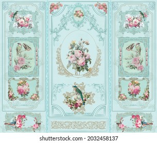 Vintage Victorian Pastel Floral Wall. Baroque Wall. Rococo Painting. Bird Illustration. Frame. European Wall Art In Modern Theme