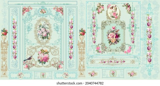 Vintage Victorian pastel floral wall. Baroque wall. Rococo painting. Bird illustration. frame. European Baroque wall art