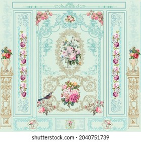 Vintage Victorian pastel floral wall. Baroque wall. Rococo painting. Bird illustration. frame. European Rococo wall art