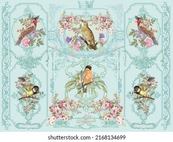 Vintage Victorian Pastel Floral Wall. Baroque Wall. Rococo Painting. Bird Illustration. Frame. European Rococo Background