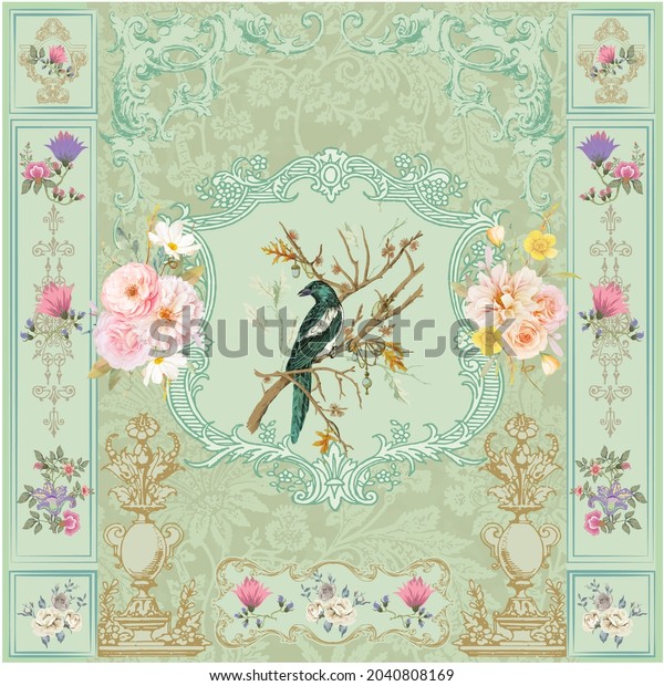 Vintage Victorian pastel floral wall. Baroque wall. Rococo painting. Bird illustration. frame. European wall art