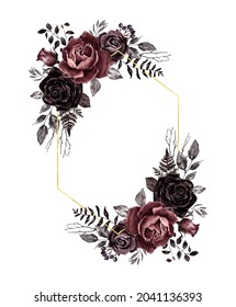 Vintage Victorian Style Floral Frame With Fold Border, Black, Mauve, Brown Roses And Dark Leaves. Retro Wedding Invitation Template, Floral Botanical Wreath, Isolated On White Background 