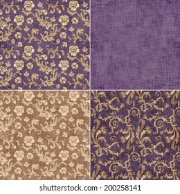 Vintage Violet Gold Floral Background Set, Roses And Leaves Shabby Chic Purple Textile Swatches